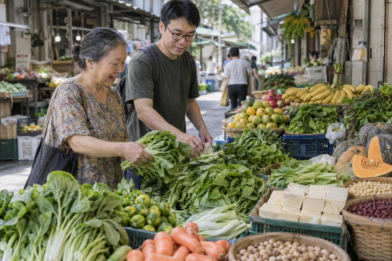 Two adults selecting vegetables, fruit, tofu and legumes at a Hong Kong market